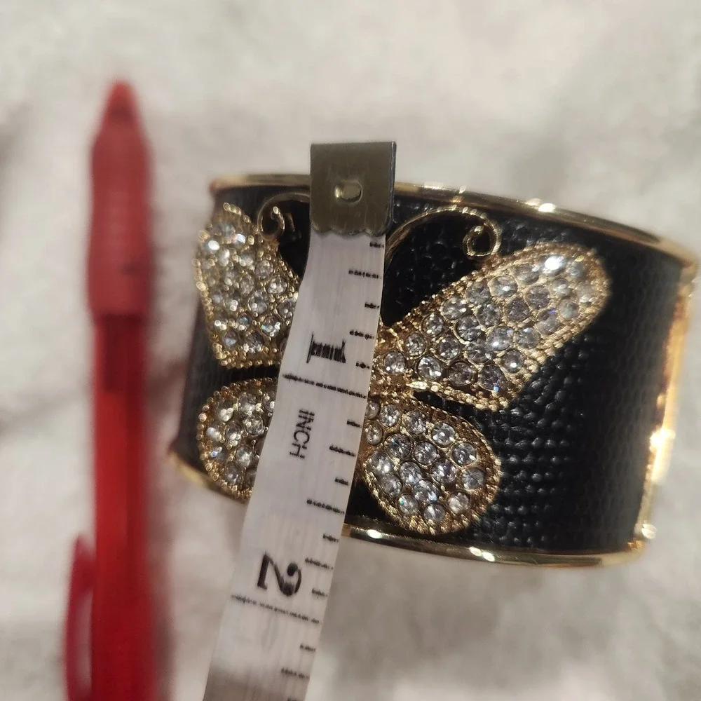 Gold Tone Rhinestone‎ Butterfly Black Faux Leather Inlay Hinge Cuff Bracelet